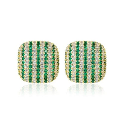 18K Gold Plated Chunky Square & Round Cubic Zirconia Stud Earrings for Women, Hypoallergenic 925 Silver Post Simulated Diamond Wedding Prom Party Bridesmaid Daily Fine Jewelry Gift for Mom Wife Friend - color: EA355-Square-Gold Green
