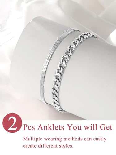 FOCALOOK Anklet Bracelets Set for Women, 14K Gold Plated Layered Anklet Set | Adjustable for Large Ankle, Cuban/Snake/Figaro/Paperclip Chain, Waterproof & Non Tarnish for Everyday Wear, Beach & Summer - color: A:2Pcs-Anklet Set-Silver