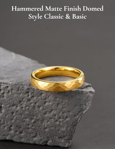 King Will Men's Tungsten Carbide Wedding Ring Hammered Groove Wedding Band Mens Two Tone Engagement Ring for Men and Women Matte Brushed Finish Comfort Fit - color: Gold 4mm