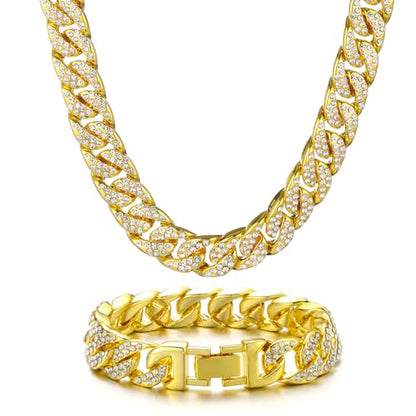 Saintda Iced Out Cuban Link Chain Necklace Bracelet Set for Men | 14mm Cuban Link Necklace Bracelet Jewelry Set Diamond Iced Out Mens Bling Thick Necklaces Chains - color: Gold-W:14MM-THK:5MM, size: 18inch