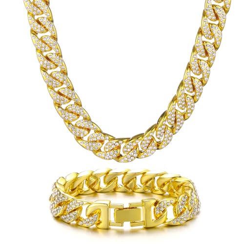 Saintda Iced Out Cuban Link Chain Necklace Bracelet Set for Men | 14mm Cuban Link Necklace Bracelet Jewelry Set Diamond Iced Out Mens Bling Thick Necklaces Chains - color: Gold-W:14MM-THK:5MM, size: 20inch