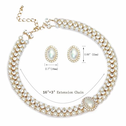 S SUSANN Costume Layered Twisted Gold Pearl Necklace Choker Chunky Glass Statement Pearl Necklace and Earring set, good gift for women Faux pearl necklace set - style: AB shell charm pearl necklace