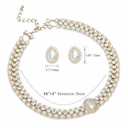 S SUSANN Costume Layered Twisted Gold Pearl Necklace Choker Chunky Glass Statement Pearl Necklace and Earring set, good gift for women Faux pearl necklace set - style: AB shell charm pearl necklace