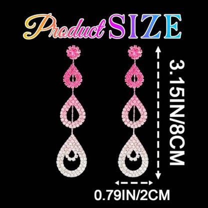 Catery Long Rhinestone Earrings Silver Pageant Earrings Dangling for Women Wedding - color: Hot Pink