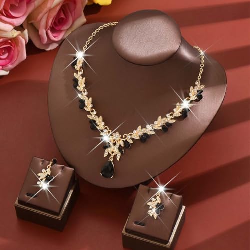 Rhinestone Bridal Wedding Jewelry Sets Gold Necklace Earrings Set Leaf Prom Formal Costume Jewelry Set for Women and Brides - color: Black Gold