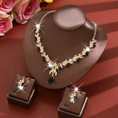 Rhinestone Bridal Wedding Jewelry Sets Gold Necklace Earrings Set Leaf Prom Formal Costume Jewelry Set for Women and Brides - color: Black Gold