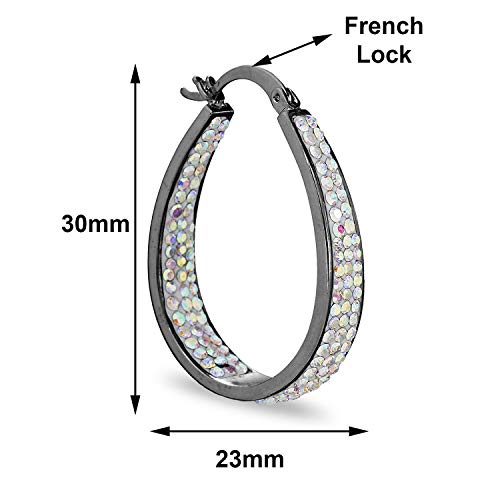 Savlano Inside Out Oval Shape Crystal Hoop Earrings For Women Comes With Savlano Gift Box - color: Gun Metal