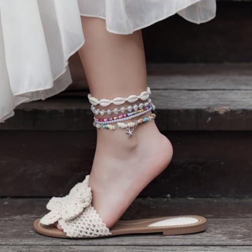 Beaded Anklet Bracelets For Women Waterproof Gold Anklets Jewelry Set Stack | non tarnish free pearl puka seashell beach boho stretchy anklet for summer dainty and tewiky gold plated - color: Colorful Beads