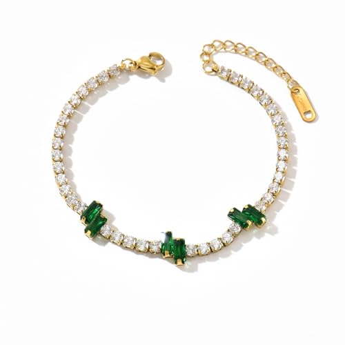 18K Gold Plated Cubic Zirconia Tennis Bracelet for Women Sparkling Stackable Stainless Steel Jewelry Hypoallergenic Tarnish Resistant Bridal Gift - color: Green Baguette CZ-Gold