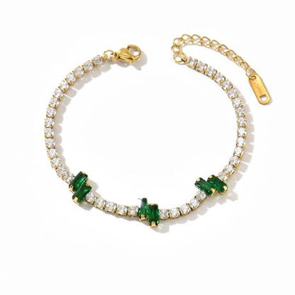18K Gold Plated Cubic Zirconia Tennis Bracelet for Women Sparkling Stackable Stainless Steel Jewelry Hypoallergenic Tarnish Resistant Bridal Gift - color: Green Baguette CZ-Gold