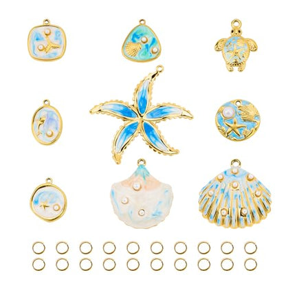 UMAOKANG 9pcs Blue Enamel Ocean Collection Charms for Jewelry Making, Gold Plated Stainless Steel Charm Pendant Bulk with Jump Rings - color: Blue