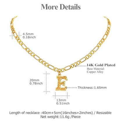 14K Gold Plated Initial Necklaces for Women Men A-Z Letter Necklaces | Figaro Chain, 16"+2" Adjustable Length, with Gift Box - style: E