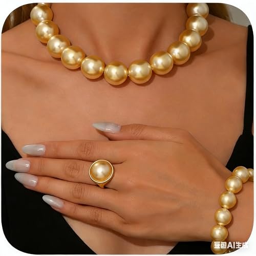 xuzhiyuan Statement Pearl Jewelry Set for Women - Includes Necklace, Bracelet, Earrings, and Ring | Colorful Faux Pearl Fashion Jewelry Set for Party, Wedding, Daily Wear - color: Champagne
