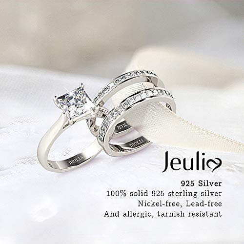 Jeulia 4.37 Carat Engraved Pricess Cut Cubic Zirconia Engagement Ring Diamond Wedding Bands for Women CZ Solitaire Sterling Silver Anniversary Bridal Promise Rings Set