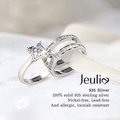 Jeulia 4.37 Carat Engraved Pricess Cut Cubic Zirconia Engagement Ring Diamond Wedding Bands for Women CZ Solitaire Sterling Silver Anniversary Bridal Promise Rings Set