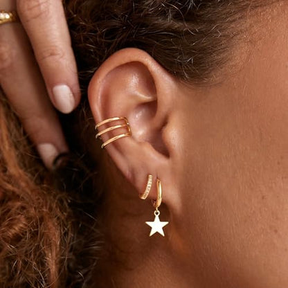 Women Ear Cuff Earring Gold Non Pierced Ear Cartilage Clip on Wrap Hoop 14K Gold Filled Tiny Boho Beach Simple Minimalist Delicate Handmade Hypoallergenic Jewelry Gift-Sold as Single/Pair - style: 3 Hoops