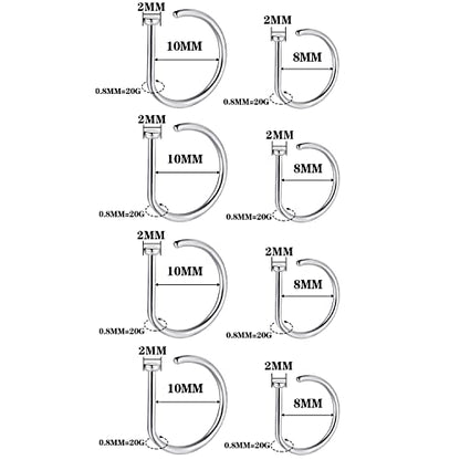 20G Nose Rings Piercing Jewelry Screw Hoops Hypoallergenic for Women Men - color: Silver D Shape,20G 8mm+10mm