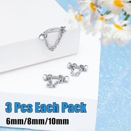 3 Pcs 316L Stainless Steel 16G Tragus Helix Rook Piercing Jewelry with Chain, Cartilage Earrings for Women, Belly Button Ring Vertical Labret Lip Piercing Jewelry - color: Silver, size: Full Setting