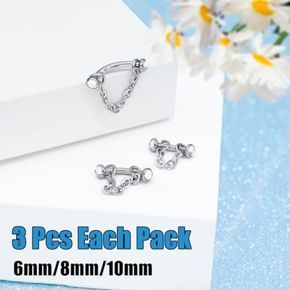 3 Pcs 316L Stainless Steel 16G Tragus Helix Rook Piercing Jewelry with Chain, Cartilage Earrings for Women, Belly Button Ring Vertical Labret Lip Piercing Jewelry - color: Silver, size: Full Setting