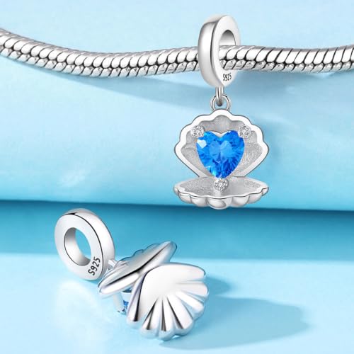 925 Sterling Silver Charms Bead for Bracelets Necklaces, Star Moon Crescent Sun Solar Pendent, Blue Ocean Starfish Shells Turtle Crab Starry Sea Cute Jewelry Birthday Gifts for Women Men - style: Heart-shaped seashell charms