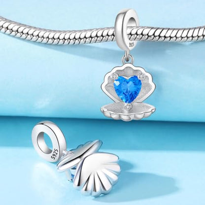925 Sterling Silver Charms Bead for Bracelets Necklaces, Star Moon Crescent Sun Solar Pendent, Blue Ocean Starfish Shells Turtle Crab Starry Sea Cute Jewelry Birthday Gifts for Women Men - style: Heart-shaped seashell charms