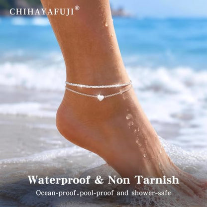Sterling Silver Ankle Bracelets for Women 14k Gold Waterproof Layered Stackable Non Tarnish Dainty Heart Charm Large Adjustable Anklet for Summer Beach Jewelry Gift - color: SilverA