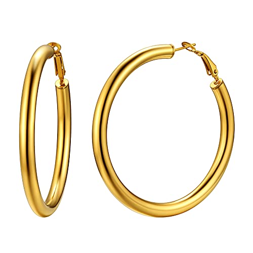 ChainsHouse 30/40/60/80mm Hoop Earrings for Women,Chunky Earrings in 18K Gold Plated/Silver/Black,Minimalist Jewelry Round Tube Hoops Fits Sensitive Ears|Hypoallergenic&Waterproof,with Gift Box - color: F:gold plated-round tube, size: 60MM
