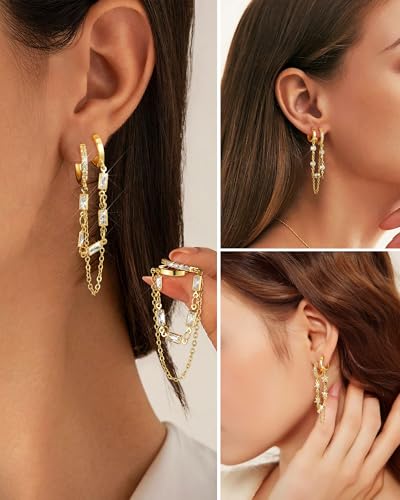 Tassel Chain Small Gold Hoop Dangle Earring For Women Huggie Earring Heart Star CZ 14K Gold Plated Fashion Jewelry Graduation Gift for Her Mothers Day Gifts for Mom - color: Double-Circle-Gold