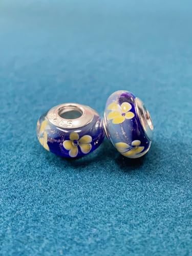 2pcs Authentic 925 Silver Murano Glass Flower Charms for Pandora Bracelets - color: 05-Blue & Yellow flowers