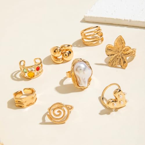 Gold Pearl Flower Stackable Rings Set,Chunky Large Pearls Floral Knuckle Rings Pack for Women,Trendy Thick Beach Everyday Jewelry