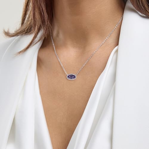 Belacqua Gemstone Necklace in Sterling Silver,Halo Pendant with Accent, Oval Cut 6 * 12mm, 15" Cable Chain with 2" Extender, Spring Ring Clasp, Dainty Birthstone Necklace for Women, Gift Box Included - color: 06-June-Alexandrite Light Purple