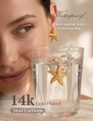 Chunky Gold Stud Earrings for Women Sterling Silver Earring Hypoallergenic | Non Tarnish 14K Gold Plated 925 Silver Posts for Sensitive Ears,Knot Statement Dangle Earrings Gold Jewelry Gifts Lightweight - color: gold plated-starfish