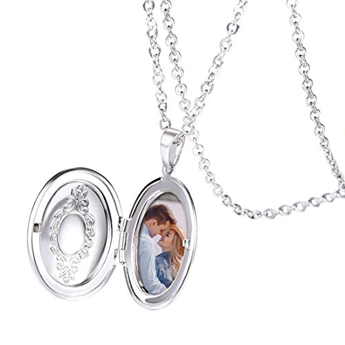 U7 Custom Photo Locket Necklace - Oval & Heart Shaped Locket - Gold/Silver/Rose Gold Personalized Image Necklaces for Women - color: 01-Oval Platinum, style: c. locket+photo+text