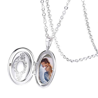U7 Custom Photo Locket Necklace - Oval & Heart Shaped Locket - Gold/Silver/Rose Gold Personalized Image Necklaces for Women - color: 01-Oval Platinum, style: c. locket+photo+text