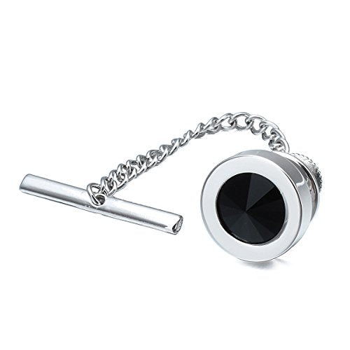 HAWSON Mens Tie Tack with Chain Round Crystal Wedding Business Accessories - color: Silver + Jet