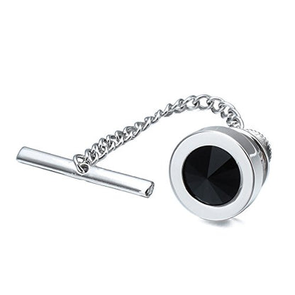 HAWSON Mens Tie Tack with Chain Round Crystal Wedding Business Accessories - color: Silver + Jet