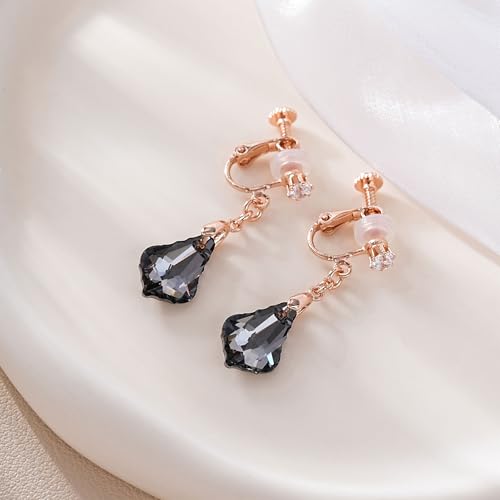 Austrian Crystal Baroque Drop Clip On Dangle Earrings for Women Non Pierced 14K Rose Gold Plated Hypoallergenic Jewelry - color: Black