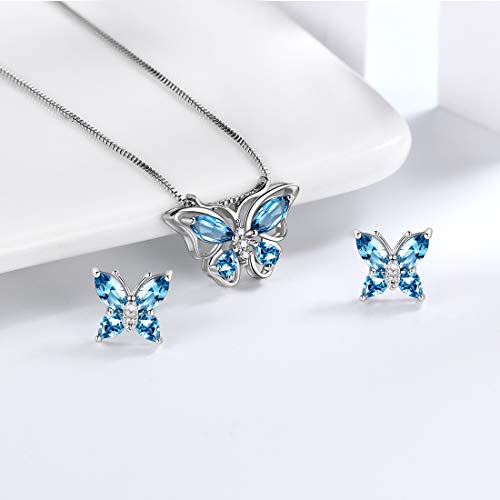 Aurora Tears Butterfly Jewelry,Women 925 Sterling Silver Butterflies Birthstone Pendant Necklace/Earrings/Rings Wedding Gift - color: C.March-set 1