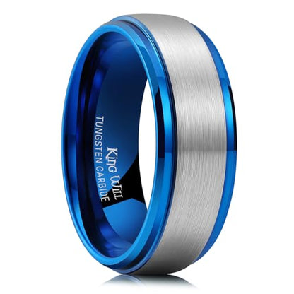 King Will Mens Brushed Wedding Band, Two Tone Matte Step Edges/Pipe Cut, Tungsten Carbide Anniversary Promise Rings Comfort Fit - color: Silver&Blue-8mm