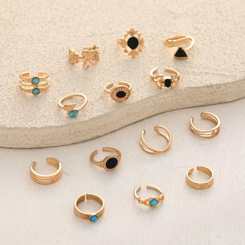 Bohemian Toe Rings for Women Vintage Turquoise Stackable Toe Ring Set Summer Hawaiian Beach Adjustable Toes Rings Ocean Foot Jewelry - style: 14PCS