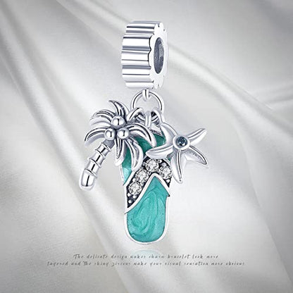 Pandach 925 Sterling Silver Charms for Bracelets and Necklaces Travel Round The World Beads Charms Relaxation Dangle Pendant,Jewelry Beads Gifts for Women - style: Beach coconut tree starfish slippers Charm