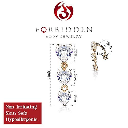 Forbidden Body Jewelry Surgical Steel Sexy Dangle Reverse Mount Triple CZ Vertical Drop Belly Button Ring - color: Rose Gold, Heart CZ's