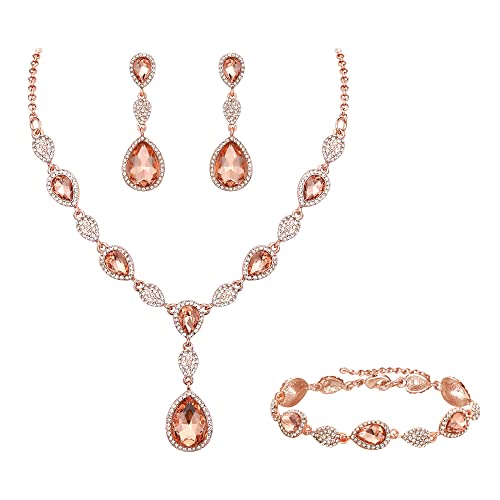 EleQueen Women's Wedding Bridal Jewelry Sets for Brides Bridesmaids, Cubic Zirconia Teardrop Necklace Tennis Bracelet Dangle Earrings Jewellery Set - color: Champagne Rose Gold-Tone