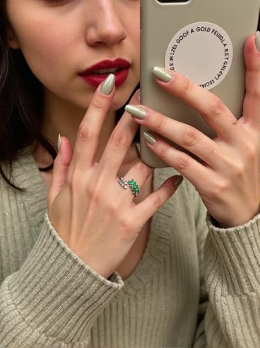 Adjustable Open Leaf & Vine Ring with Gemstone & Diamond | Cuff Deco Ring for Women Men | Adjustable Cuff Vine Leaf Deco Rings - color: Silver Green