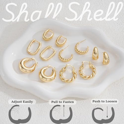 6 Pairs Gold Hoop Earrings Set for Women, 14K Gold Plated Lightweight Chunky Twisted Huggie Hoops, Hypoallergenic Small Thick Hoop Multipack Jewelry Gift - color: Twisted Gold