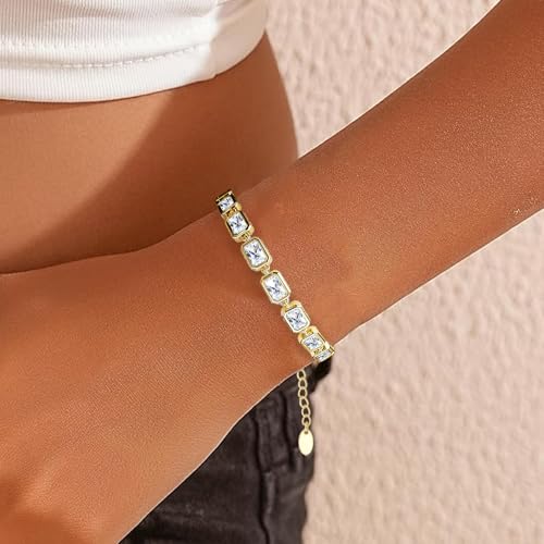Bracelet for Women, Gold Plated 5A Cubic Zirconia Bracelets Adjustable Teardrop Square Triplet April Birthstone Jewelry - color: rectangle-gold palated