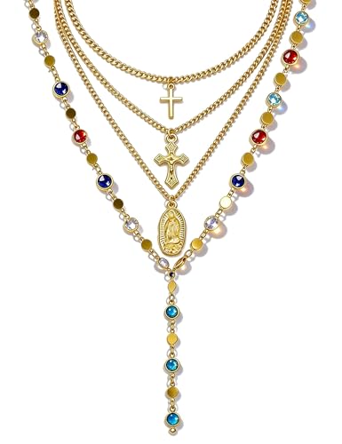 4PCS Layered Gold Cross Necklaces for Women Trendy, Bohemian Bead Pearl Y Long Pendant Necklace Set, Vintage Rosary Necklace Stack Adjustable Length - color: gold-rainbow