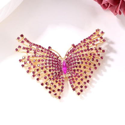 EVER FAITH Austrian Crystal Gorgeous Volant Butterfly Brooch for Bride, Prom, Bridal - color: Fuchsia Gold-Tone