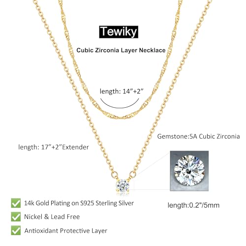 Tewiky Dainty 14k Gold Plated/Silver Cubic Zirconia Necklaces for Women | Simple CZ Jewelry Necklaces Trendy Gifts - color: Gold sterling silver layer CZ