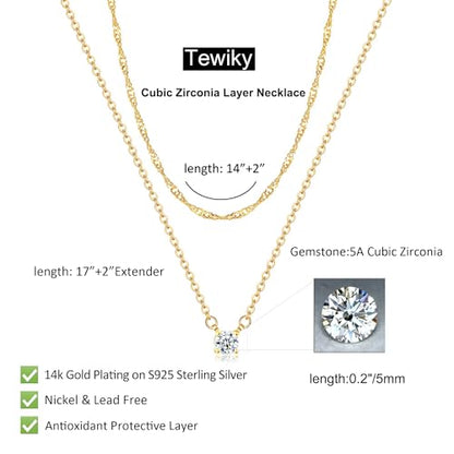 Tewiky Dainty 14k Gold Plated/Silver Cubic Zirconia Necklaces for Women | Simple CZ Jewelry Necklaces Trendy Gifts - color: Gold sterling silver layer CZ